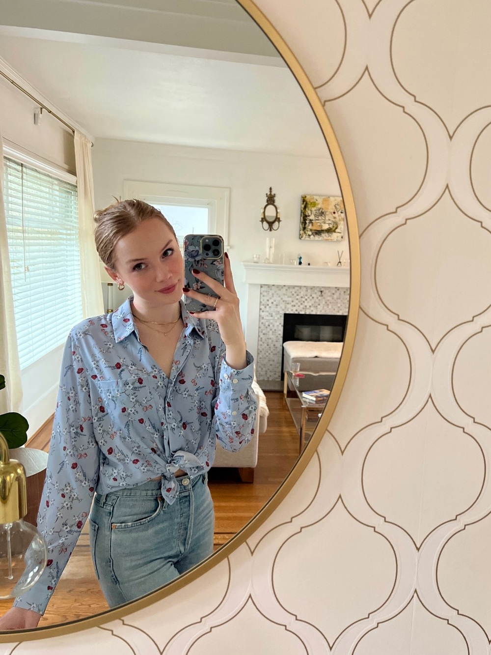 Frank And Oak Blue Floral Button-Down Long Sleeve Blouse